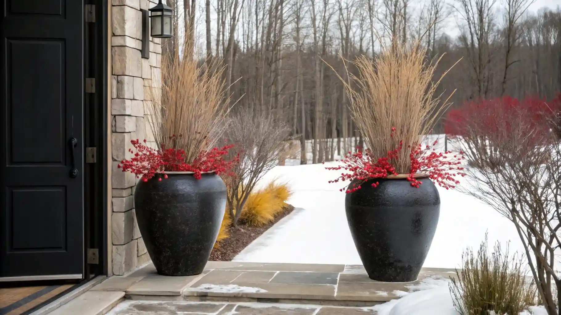 Red Berry and Ornamental Grass Winter Urns