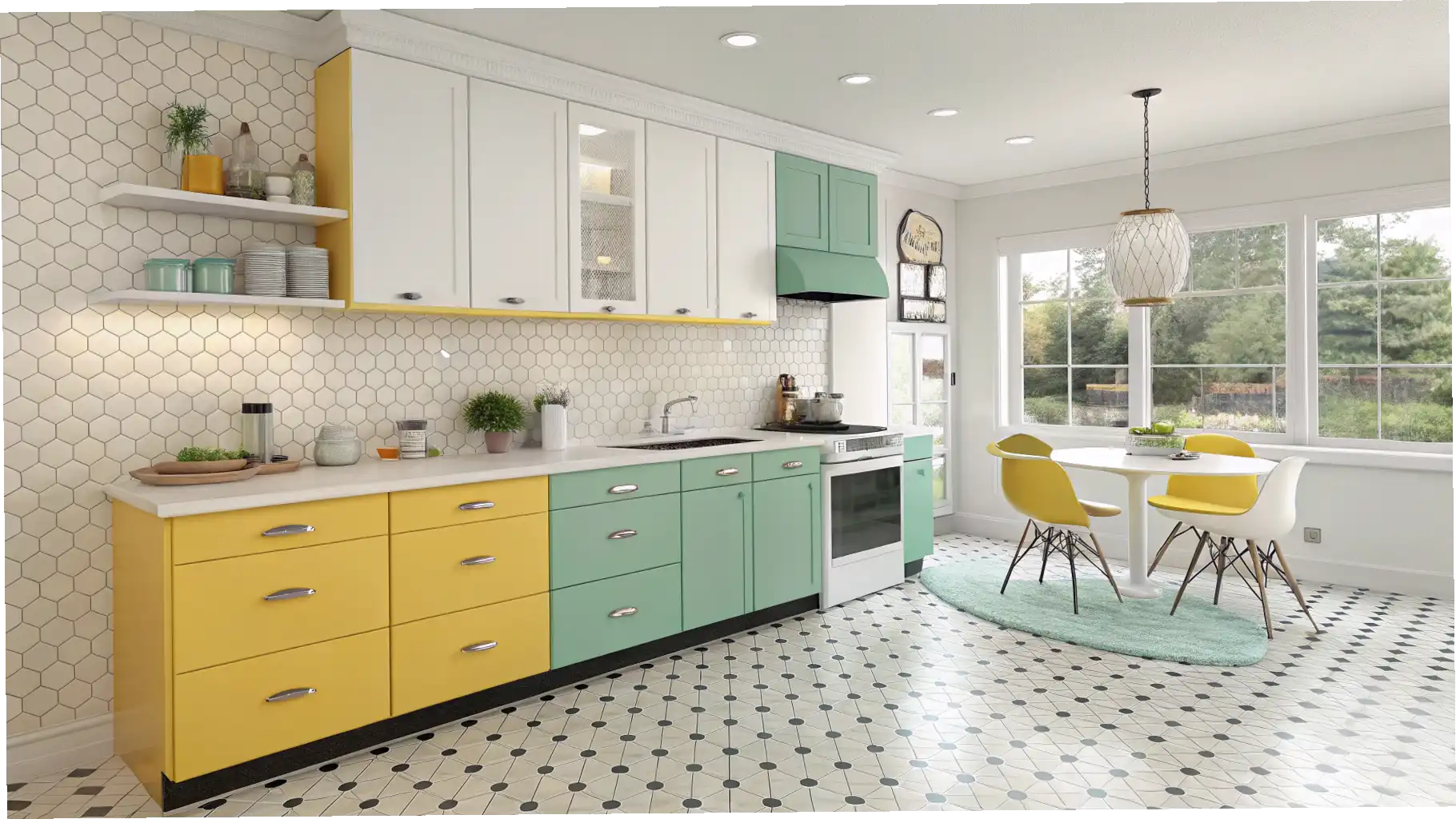 Retro Revival: Yellow Lower Cabinets with Mint Green Accents