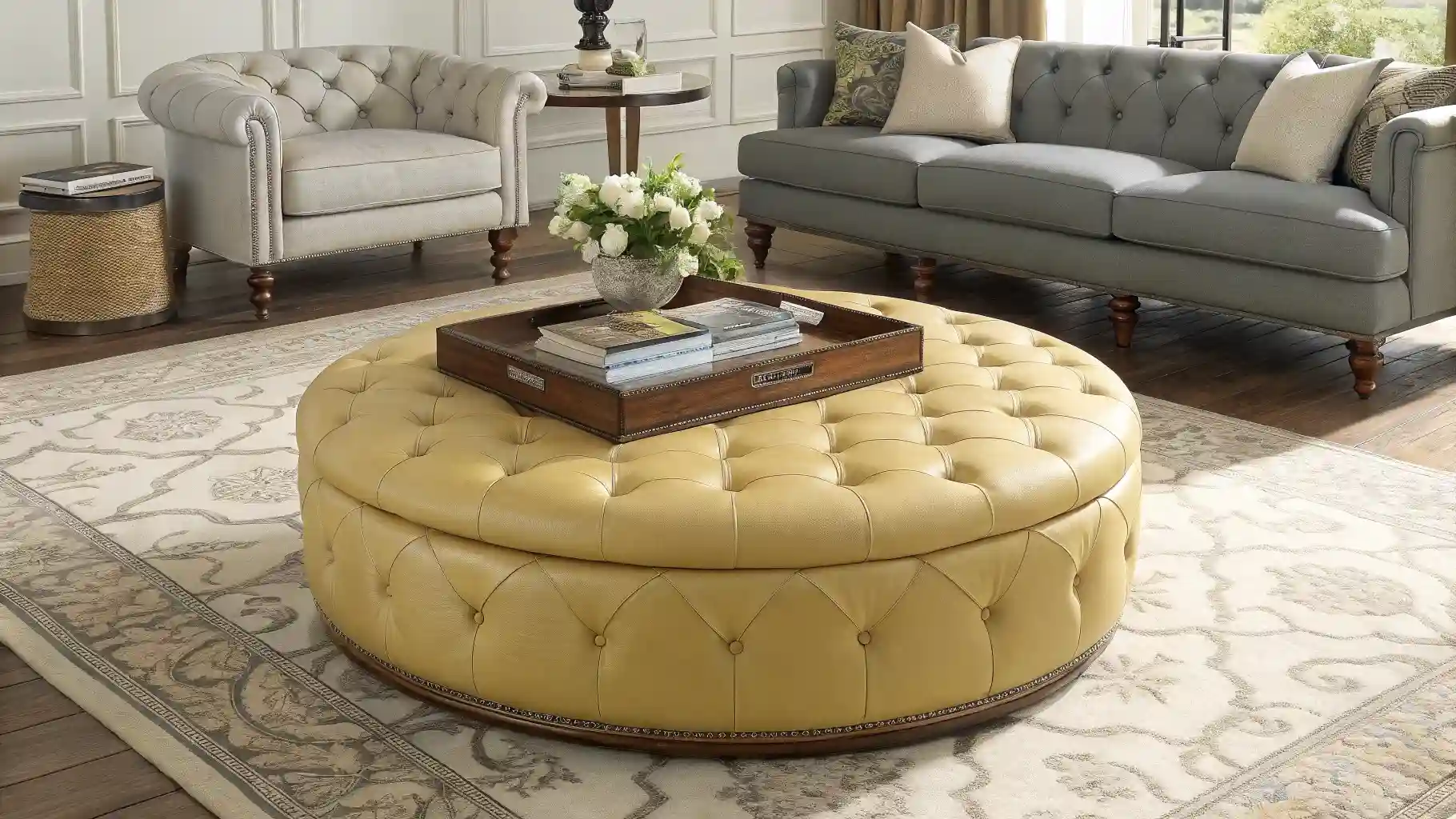 Round Tufted Leather Ottoman Coffee Table