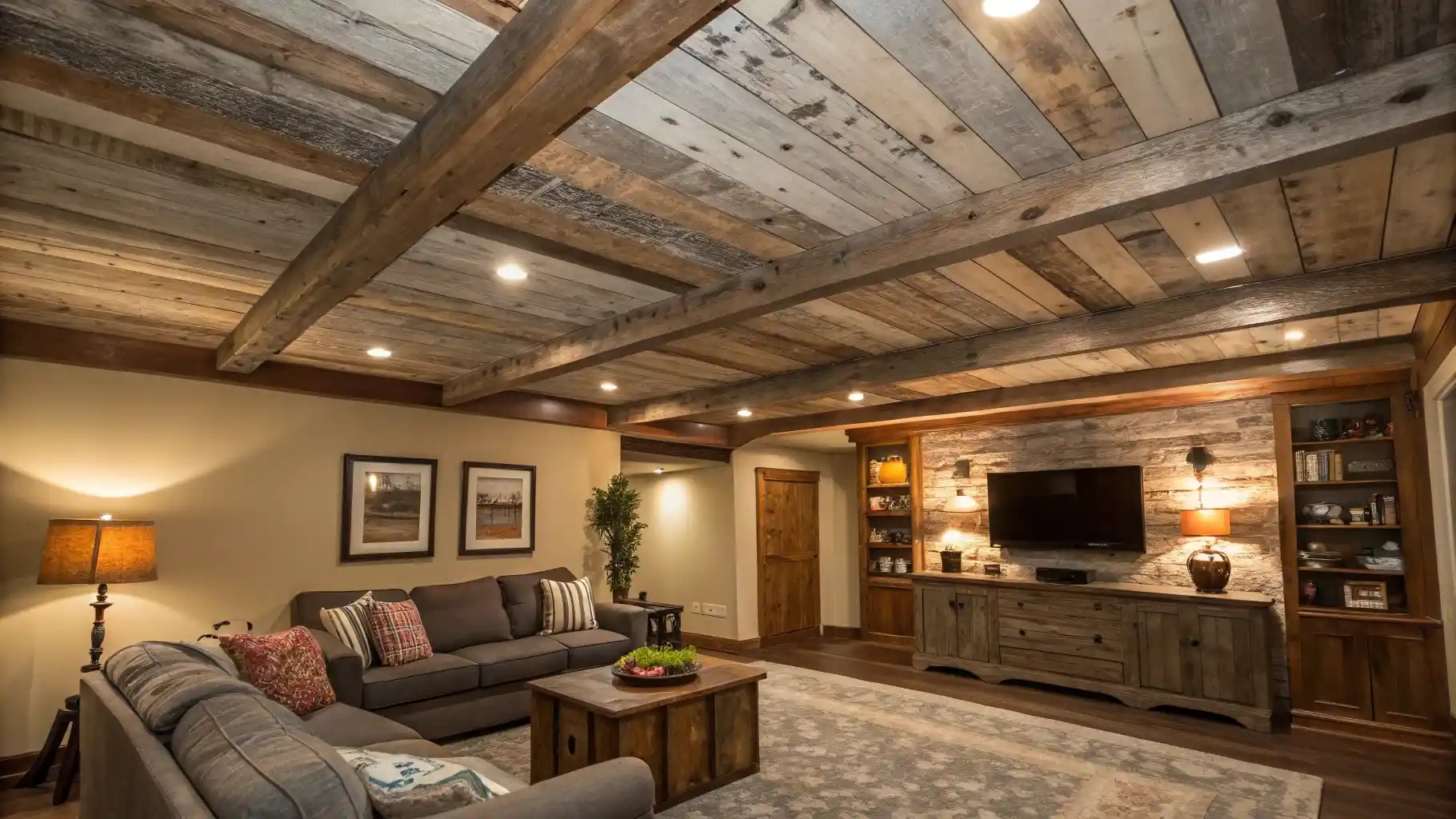 Rustic Exposed Beam Ceiling with Reclaimed Wood Planking