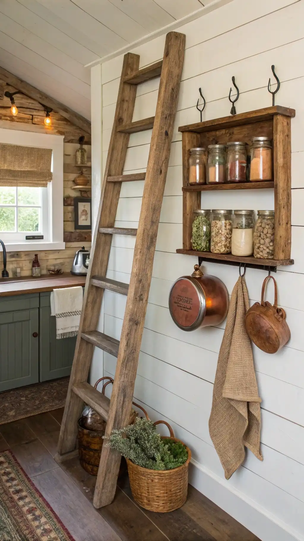 Rustic Farmhouse Corner Spice Rack with Ladder Storage