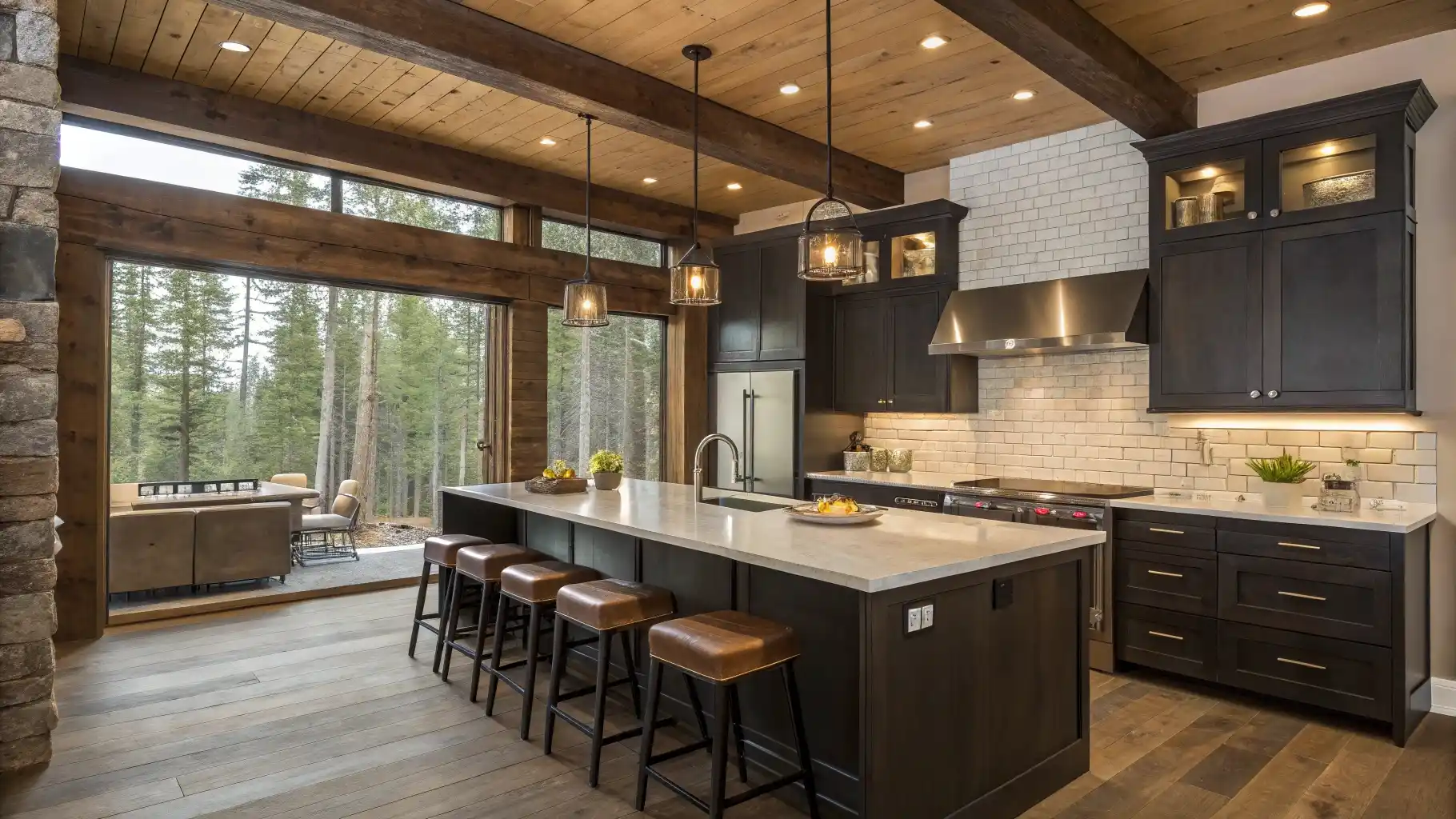 Rustic Modern Kitchen with Forest Views