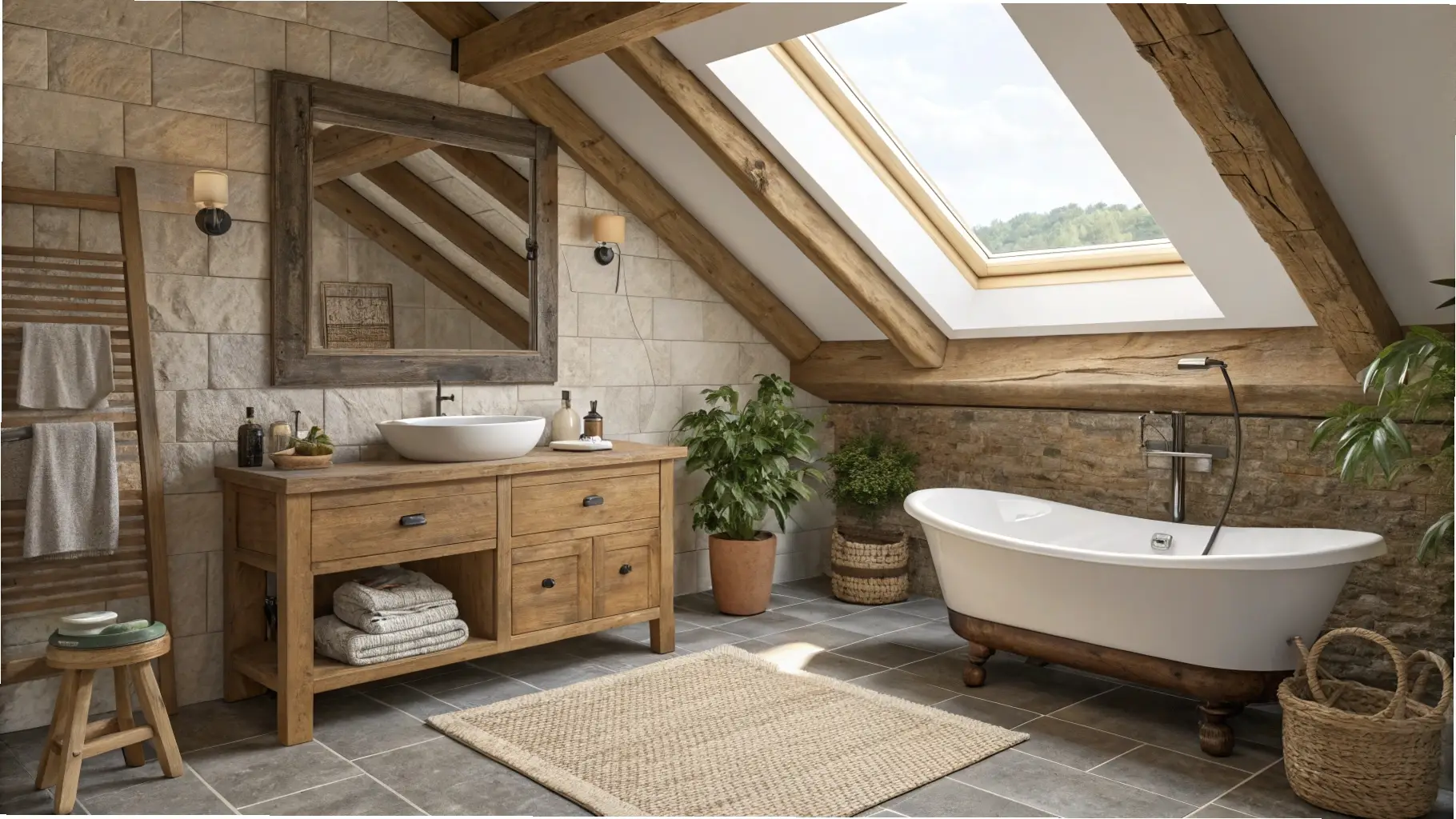 Rustic Retreat: Sloped Ceiling Bathroom Oasis