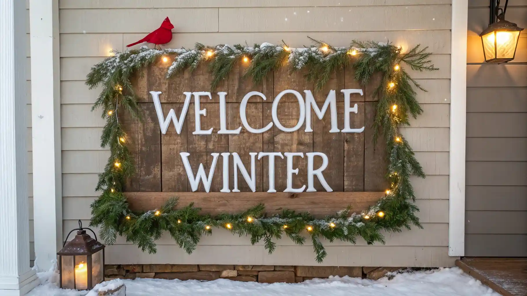 Rustic Welcome Winter Sign with Cardinal Accent