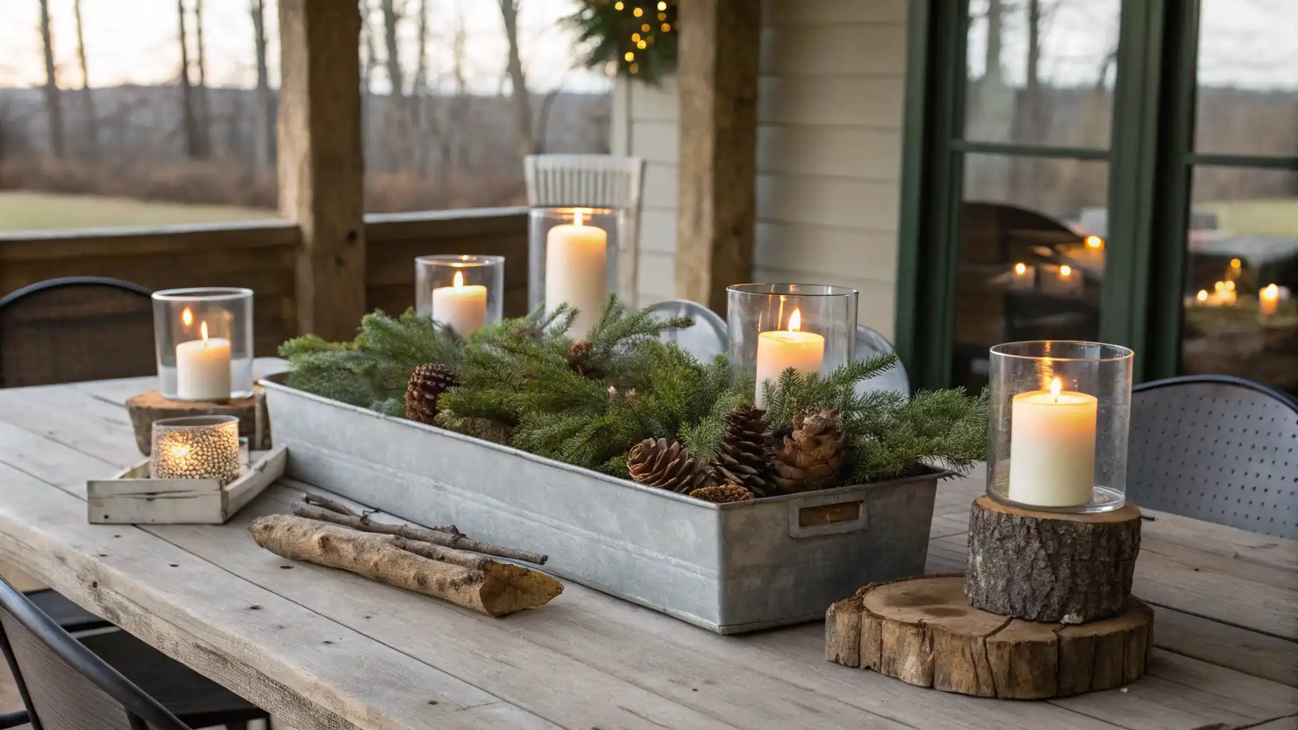 Rustic Wooden Box Centerpiece with Hurricane Candles