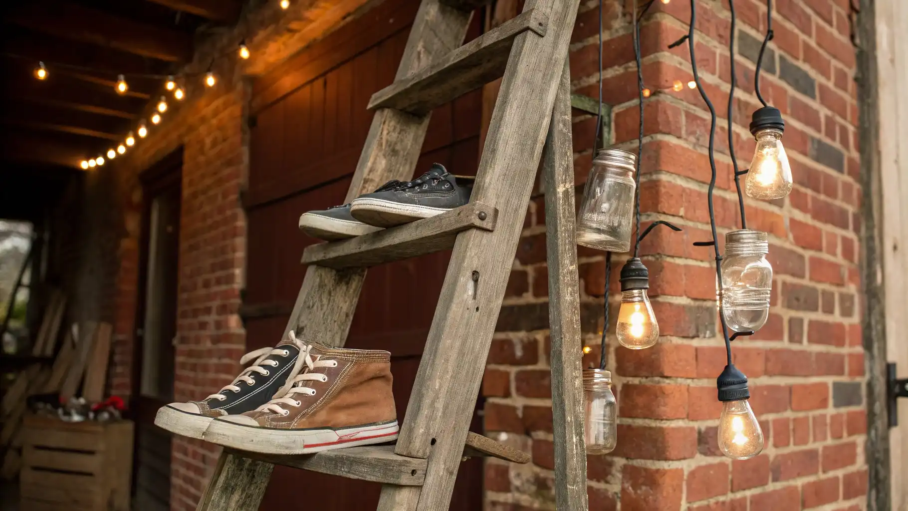 Rustic Wooden Ladder Shoe Rack with Industrial Lighting