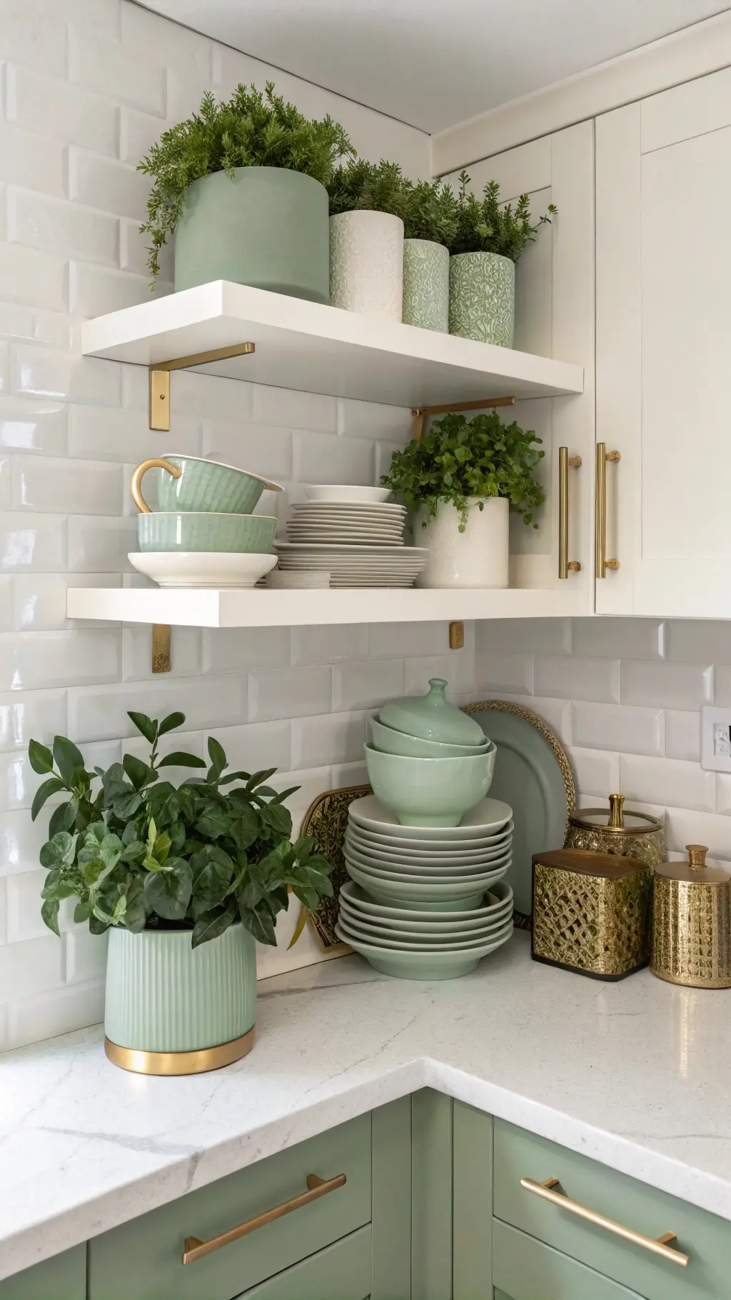 Sage Green Corner Shelves with Botanical Accents