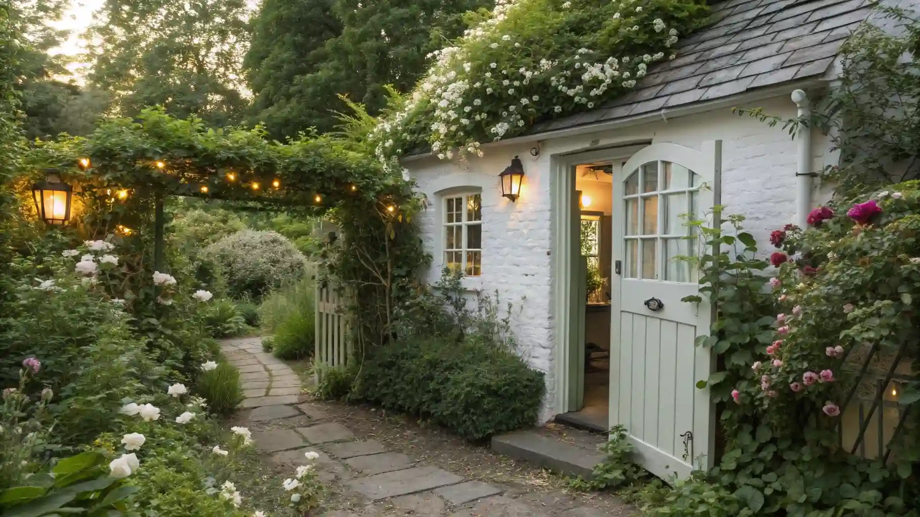 Secret Garden White Cottage with Climbing Roses