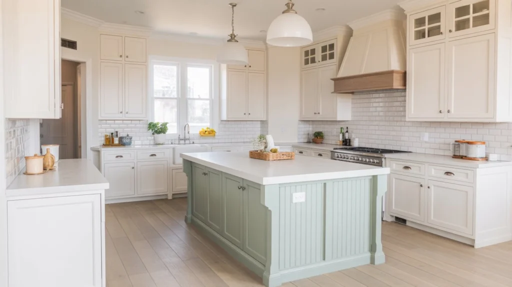 Soft White with Sage Green Island