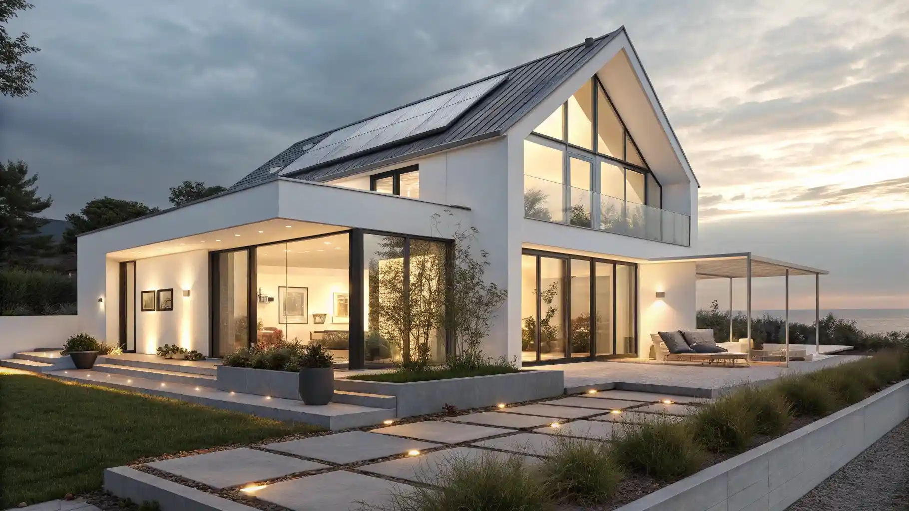 Solar-Powered Modern White Cottage with Glass Gable