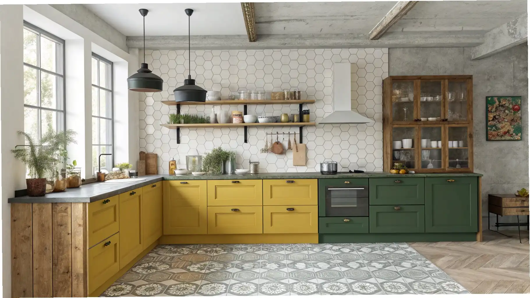 Split Personality: Yellow and Green Cabinets in an Eclectic Kitchen