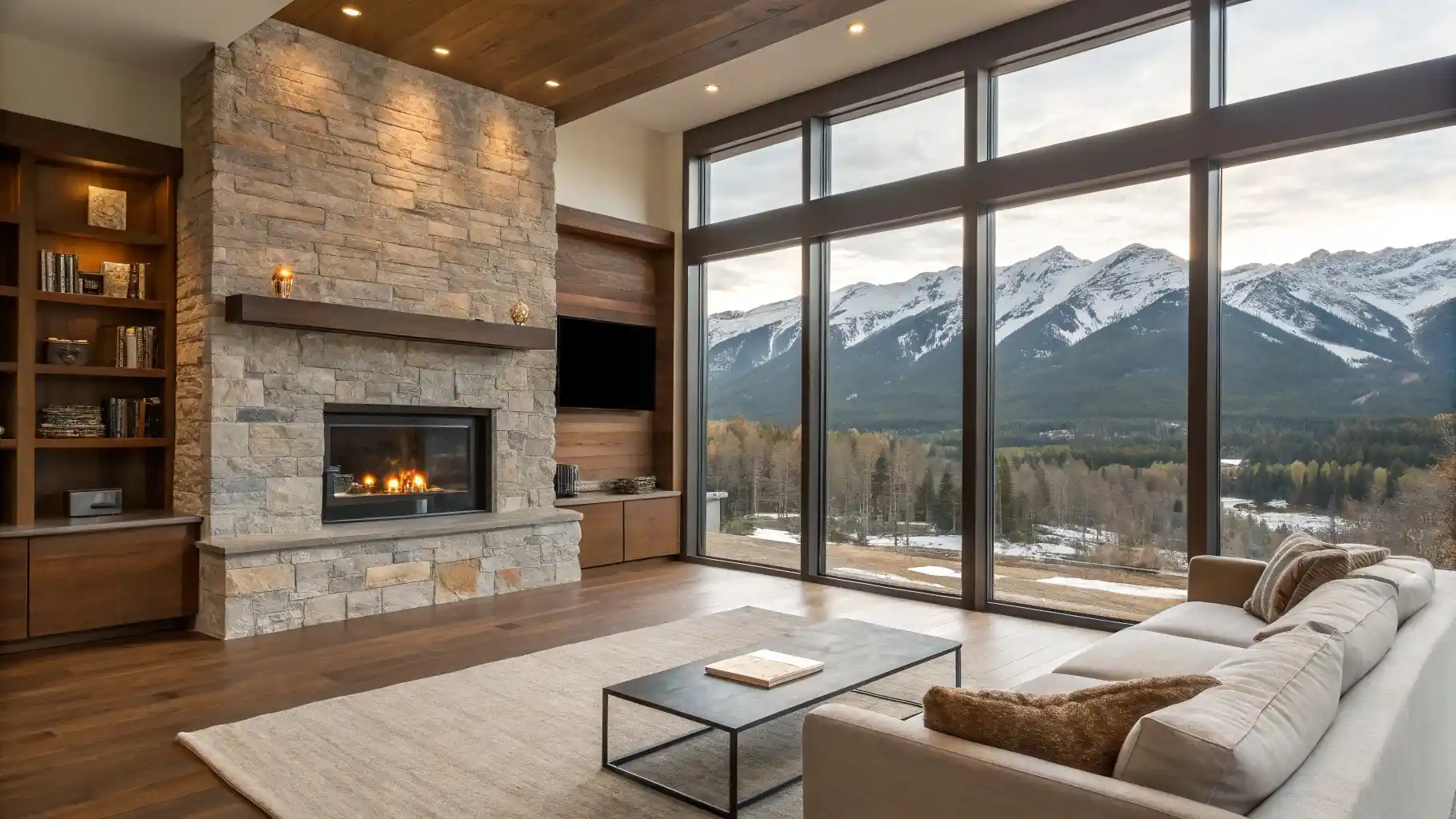 Stone Fireplace Sanctuary with Mountain Views