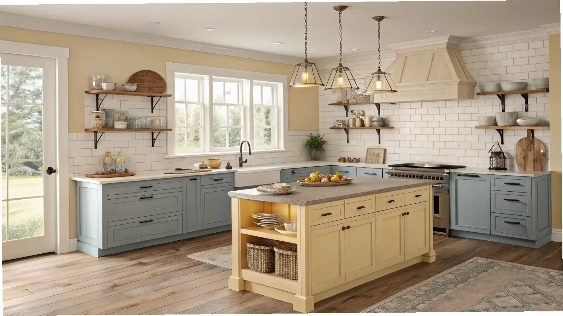 Subtle Contrast: Light Yellow Island in a Two-Tone Kitchen