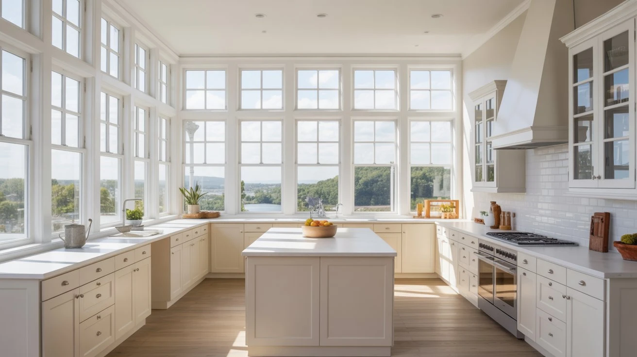 Sun-Drenched White Kitchen with Expansive Views