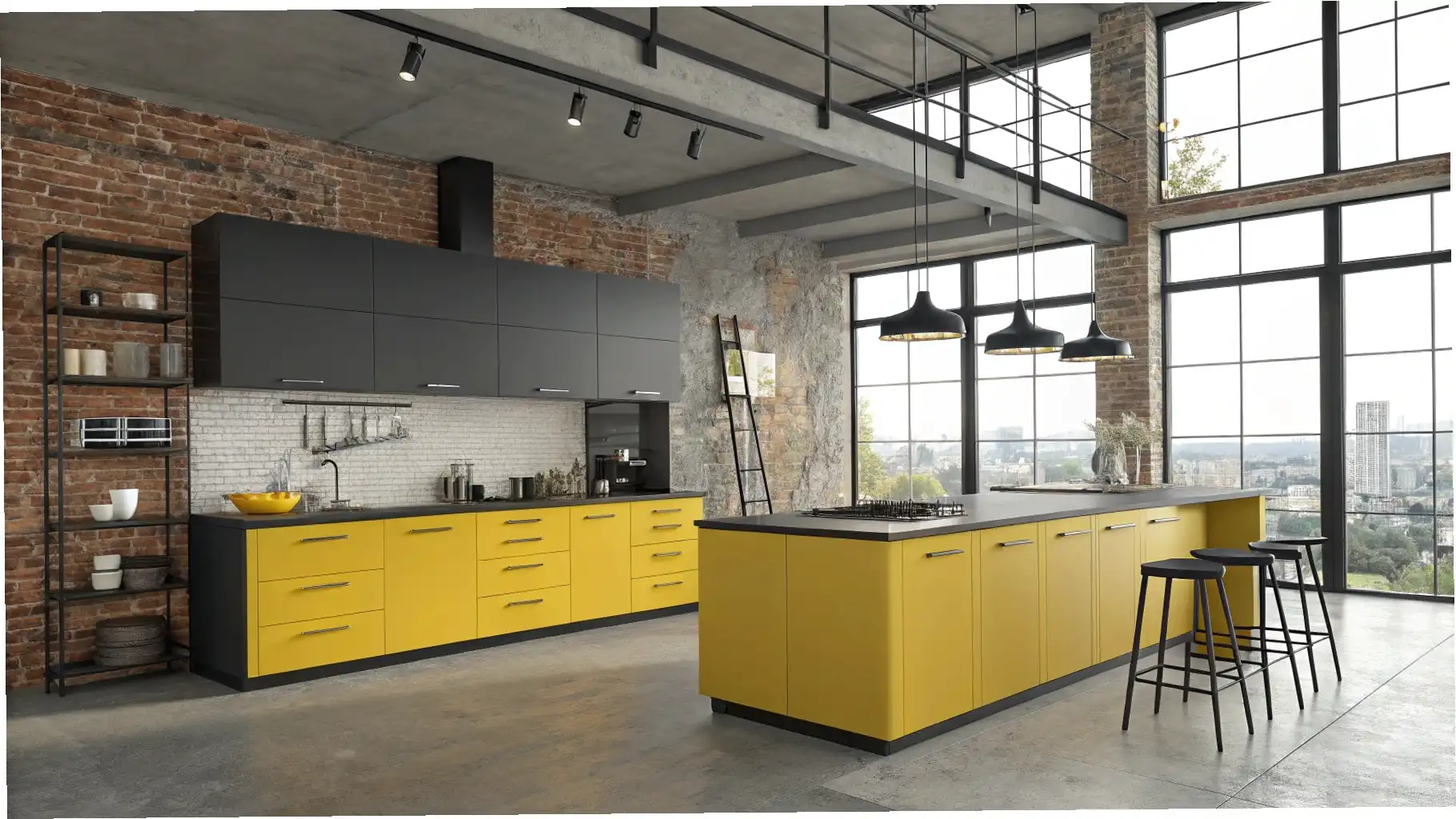 Sunny Industrial: Yellow Lower Cabinets in a Loft Kitchen