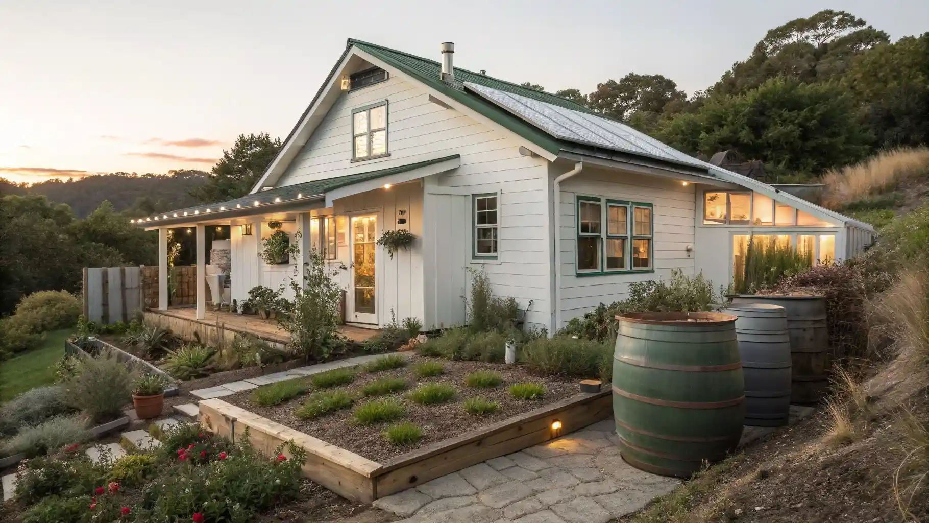 Sustainable Off-Grid White Cottage with Vegetable Gardens