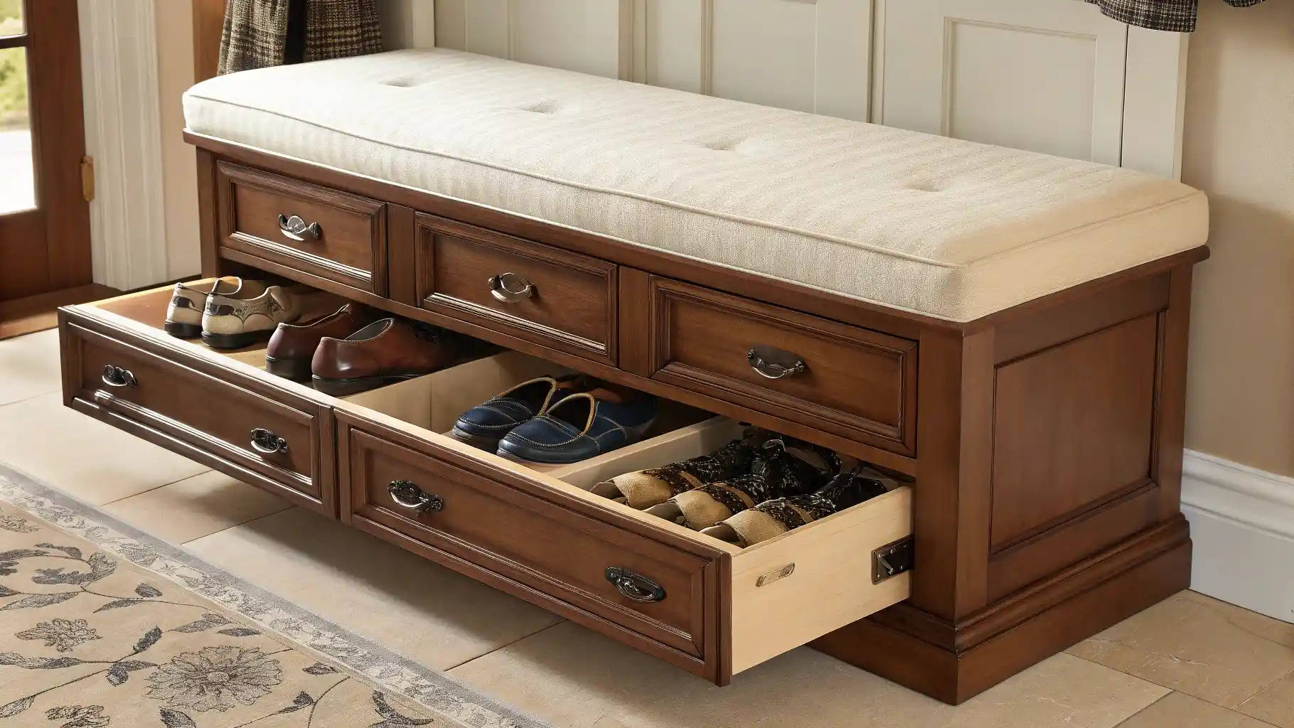 Traditional Storage Bench with Pull-Out Shoe Drawers