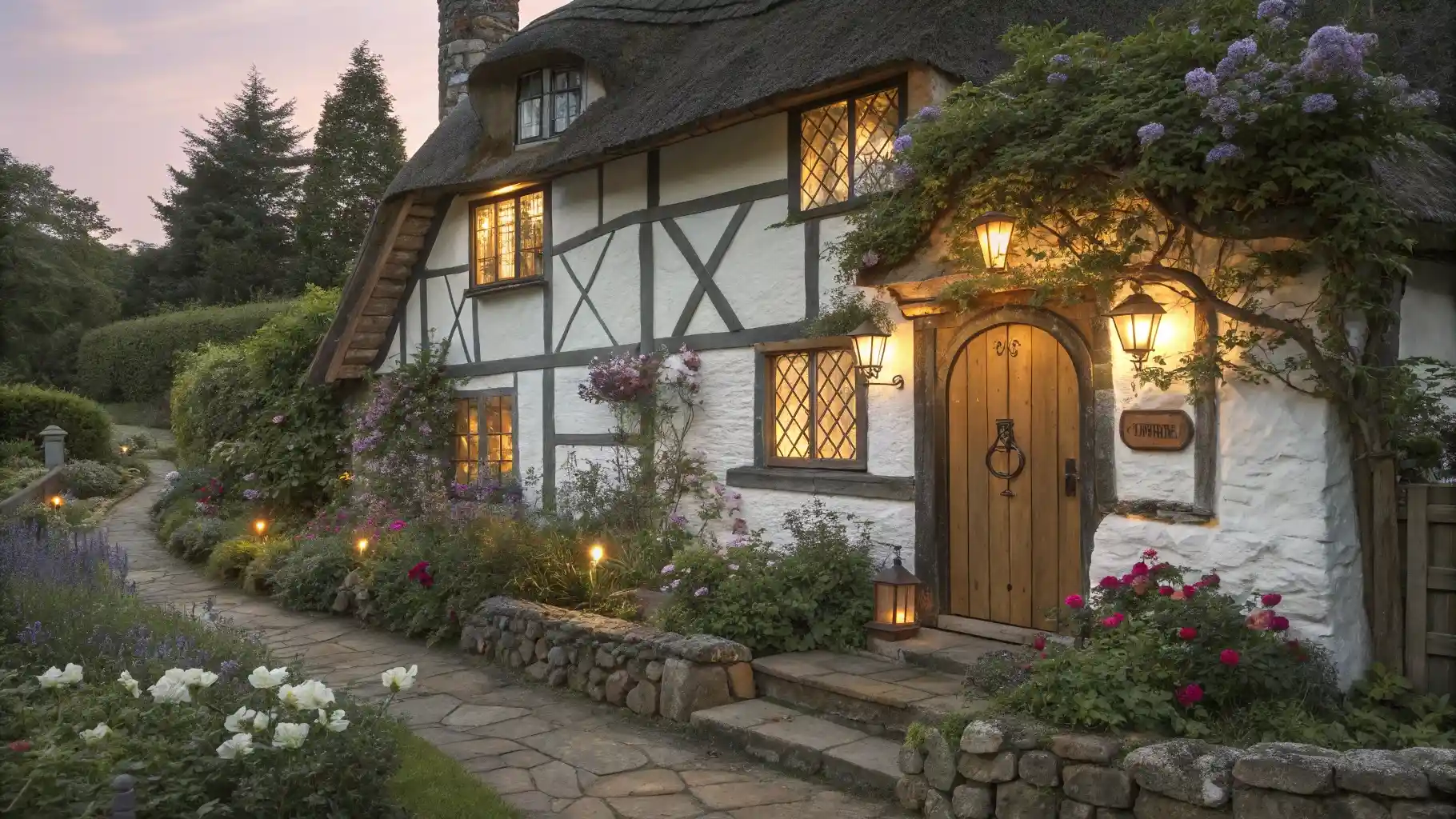 Tudor-Style Thatched White Cottage with Timber Framing