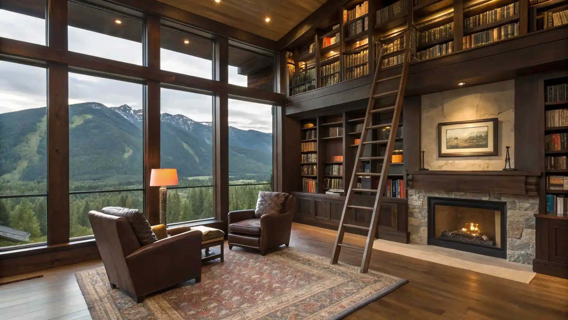 Two-Story Library with Rolling Ladder and Stone Fireplace