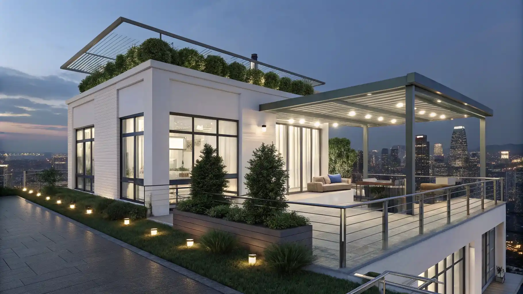 Urban Rooftop White Cottage with Living Green Roof