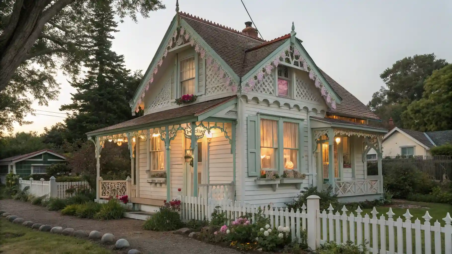 Victorian Gingerbread White Cottage with Mint Accents