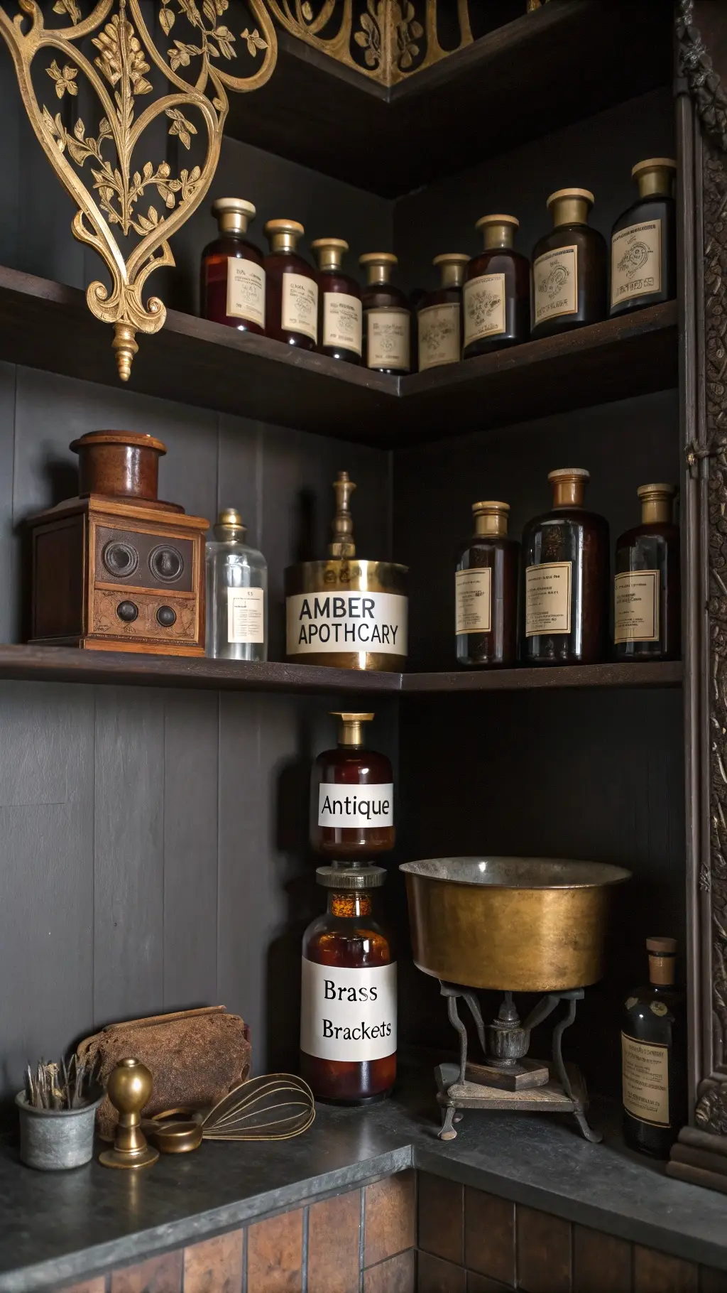 Vintage Apothecary Corner Shelving Display