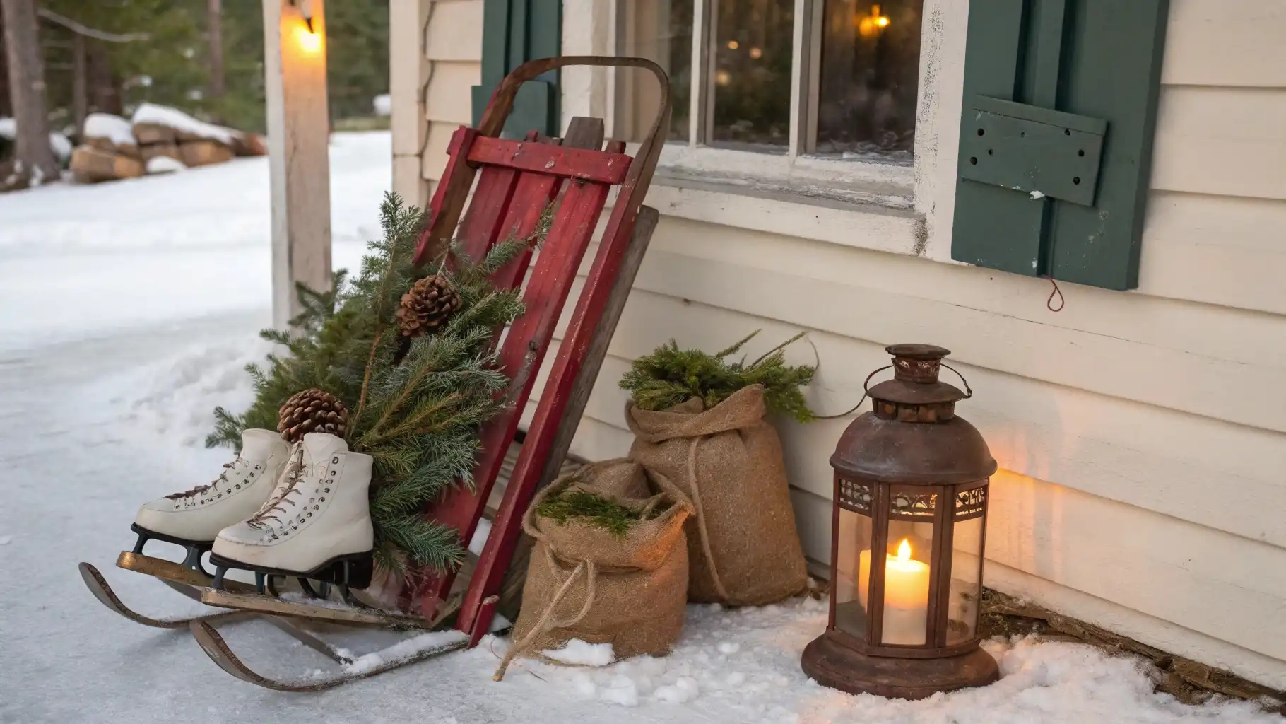 Vintage Sled Display with Winter Accessories