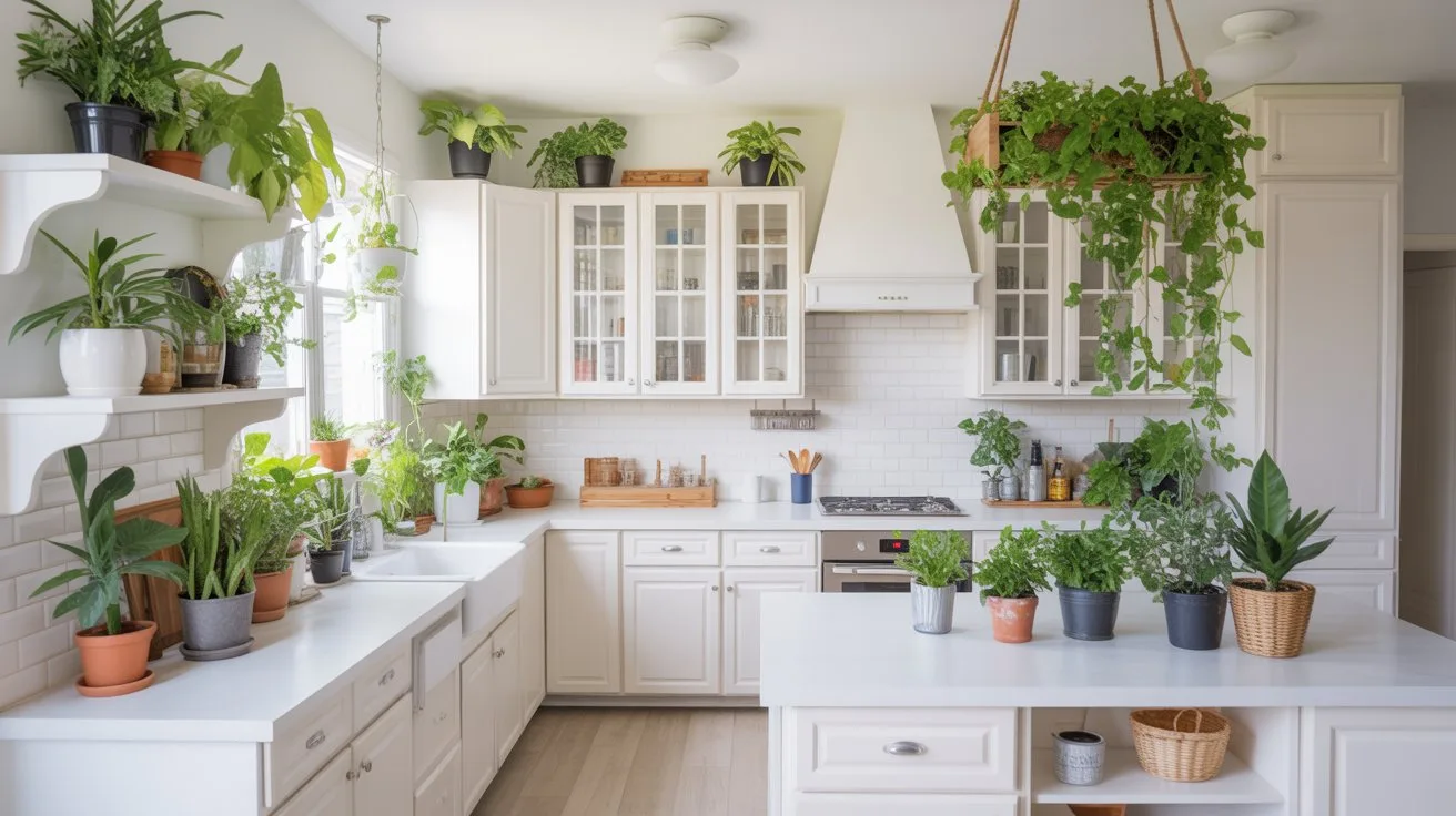 White Kitchen with Abundant Greenery