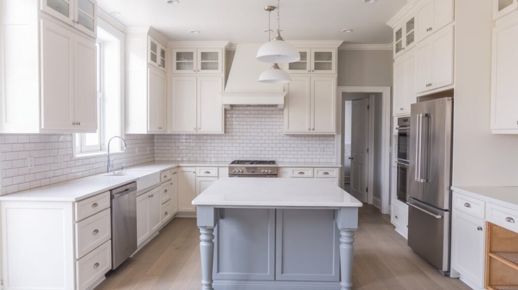 White Kitchen with a Grey Island Accent