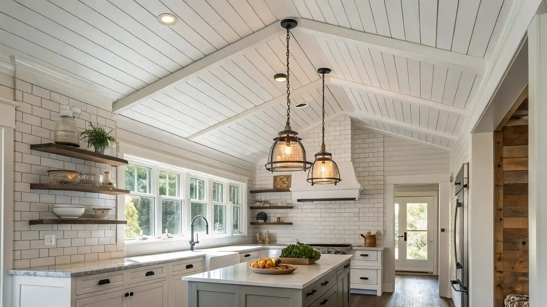 Whitewashed Shiplap Vaulted Ceiling with Exposed Beams