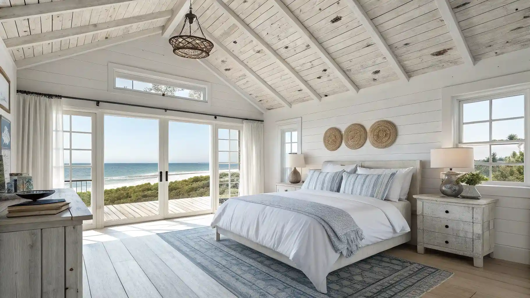 Whitewashed Vaulted Plank Ceiling with Painted Beams