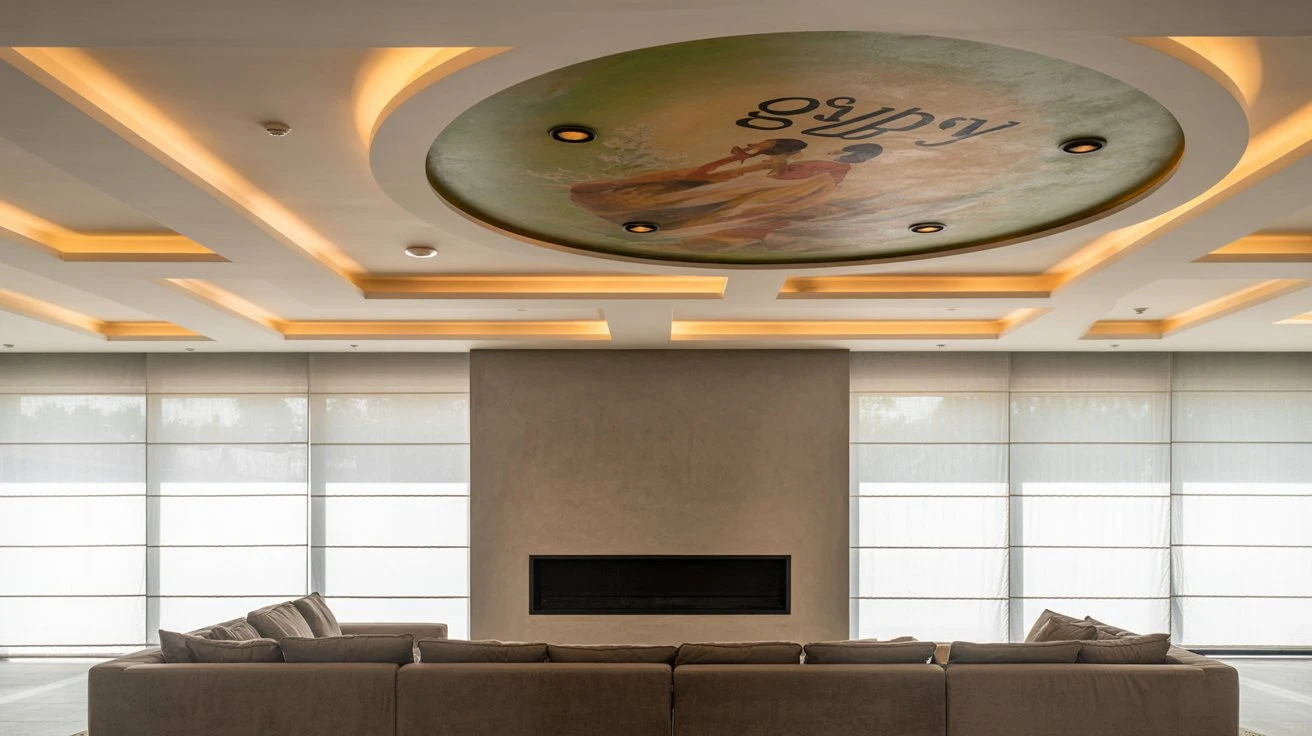 Circular Ceiling with Artistic Medallion and Warm Lighting