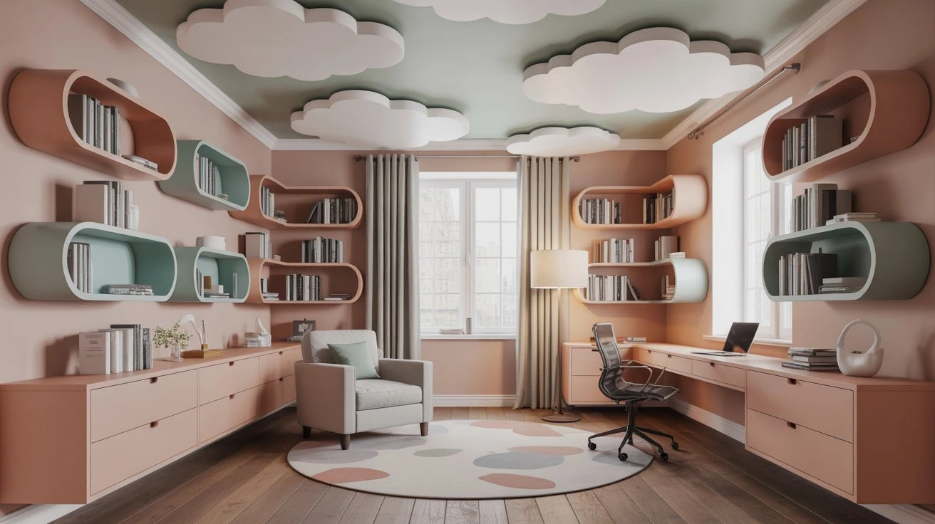 Cloud-Covered Ceiling with Curved Shelving