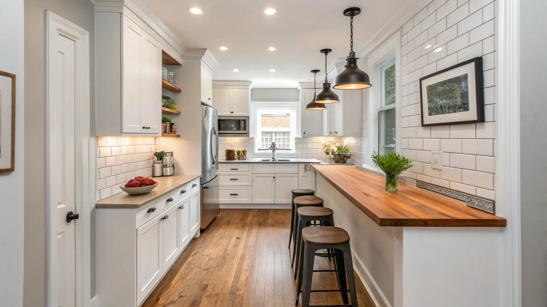 Compact Galley Peninsula with Butcher Block Seating