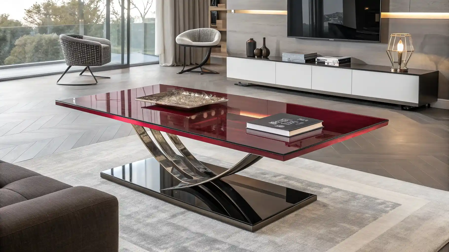 Contemporary Cherry Red Glass Coffee Table