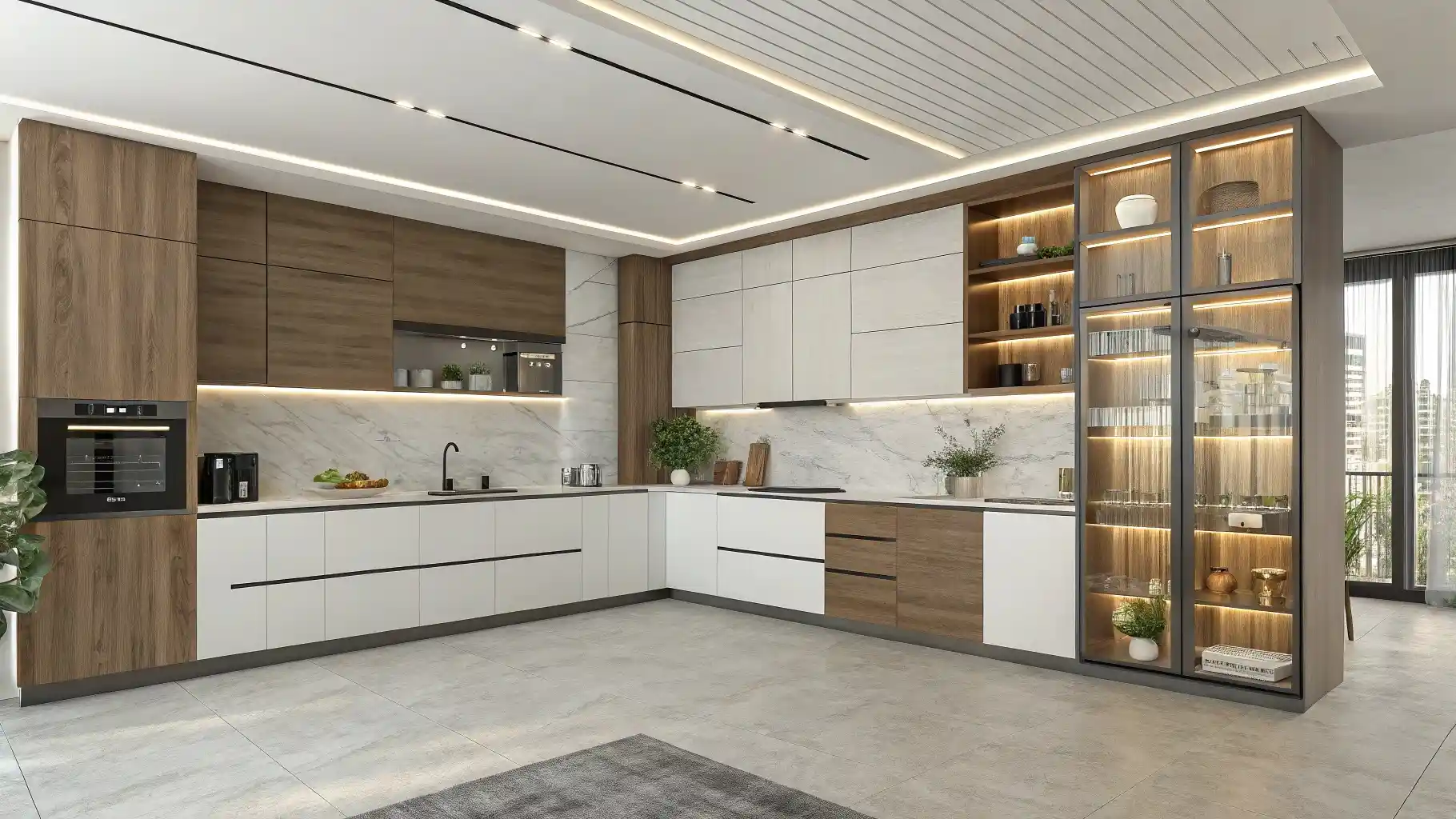 Contemporary L-Shaped Peninsula with Display Storage