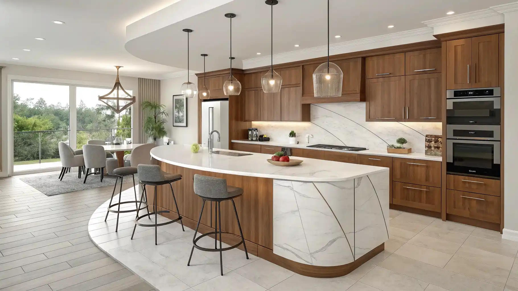Curved Walnut Peninsula with Waterfall Countertop