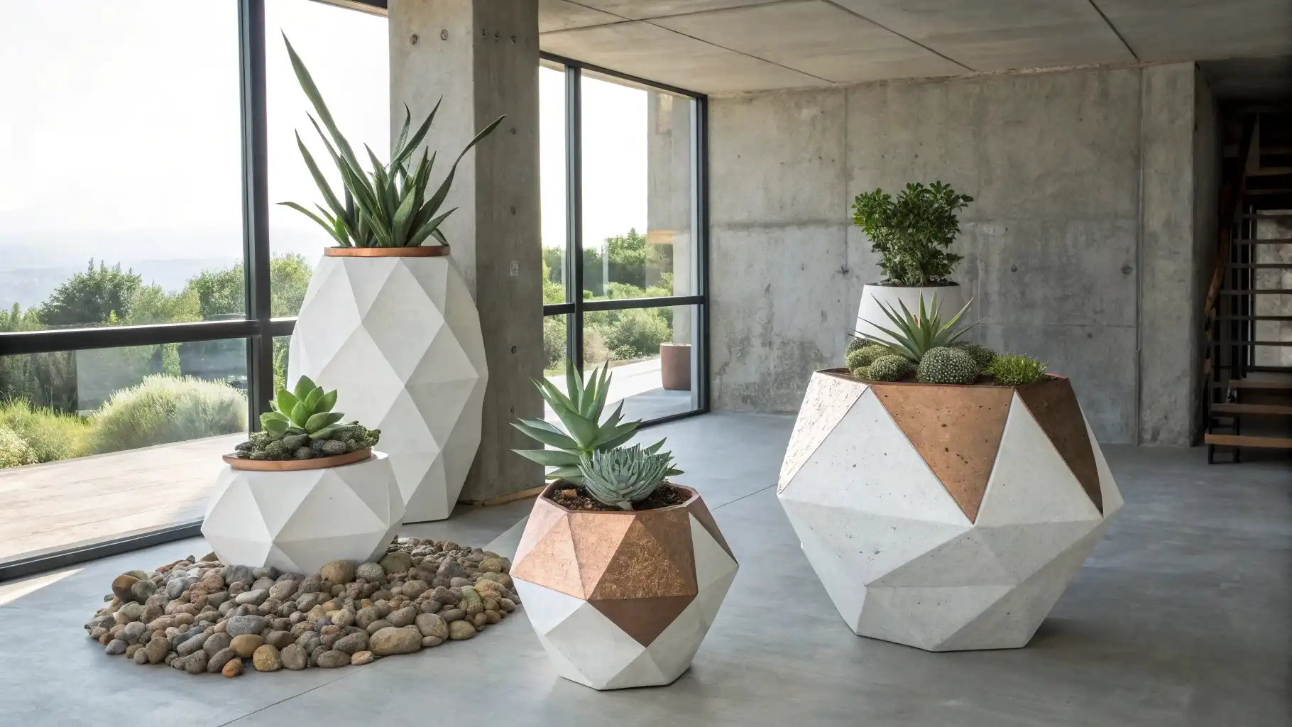 Faceted Concrete Planter Sculptures