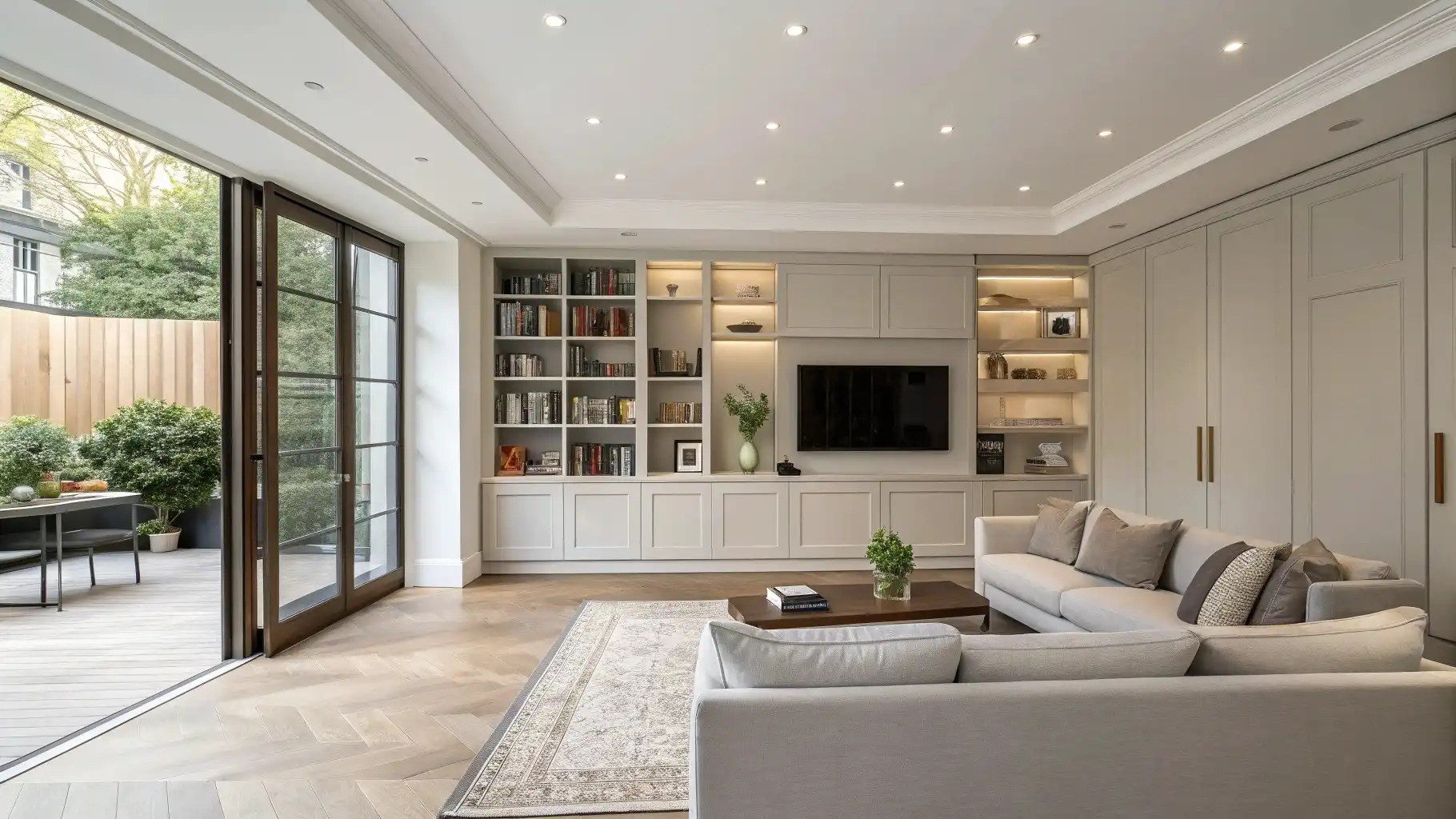 Floor-to-Ceiling Built-In Entertainment Systems with Recessed Perimeter Lighting