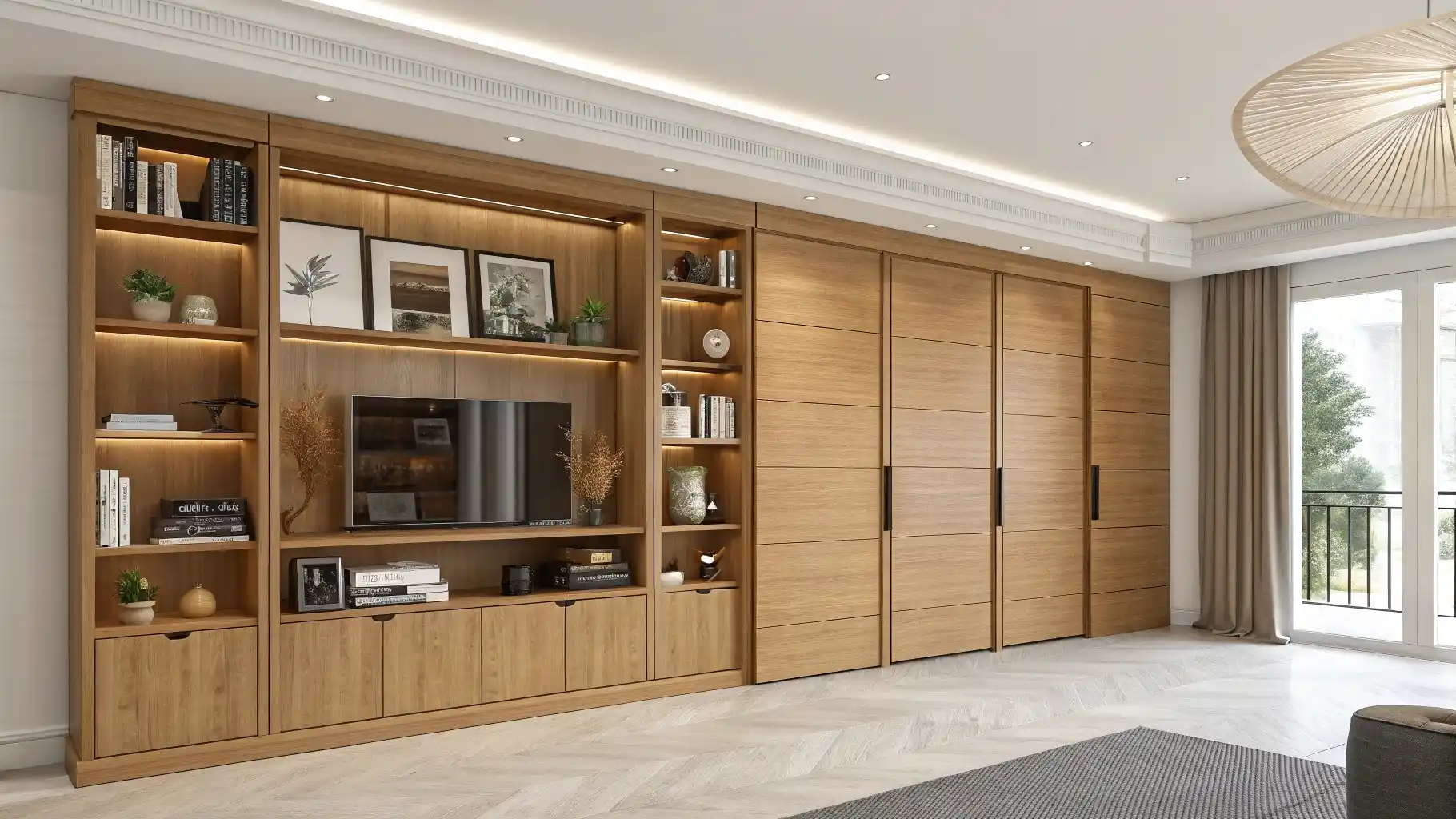 Floor-to-Ceiling Entertainment Wall with Integrated Storage