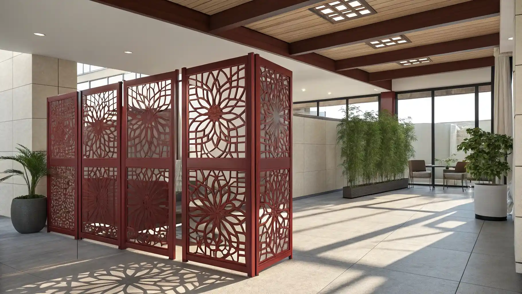 Geometric Cherry Red Folding Privacy Screen