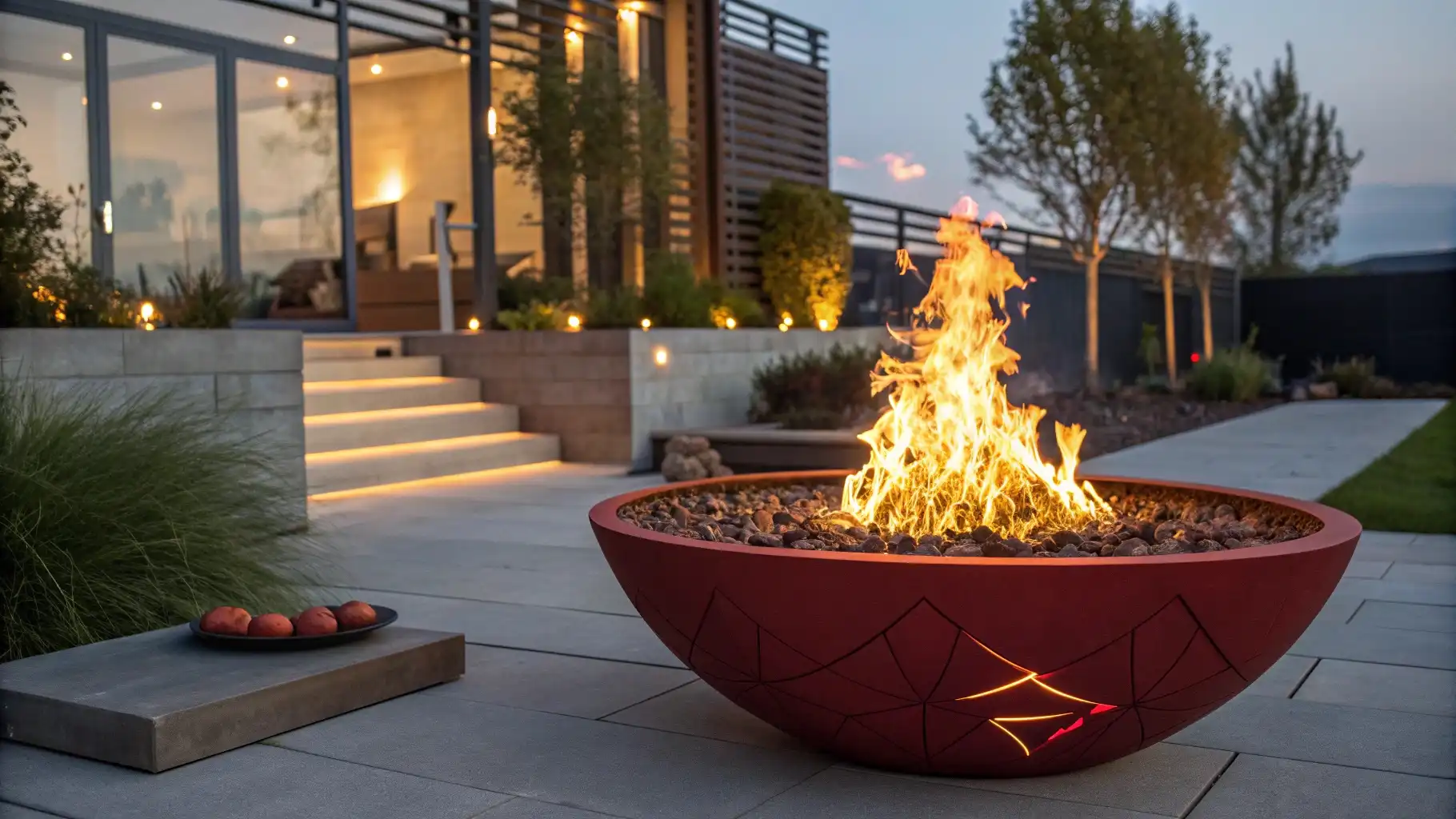 Geometric Cherry Red Outdoor Fire Bowl