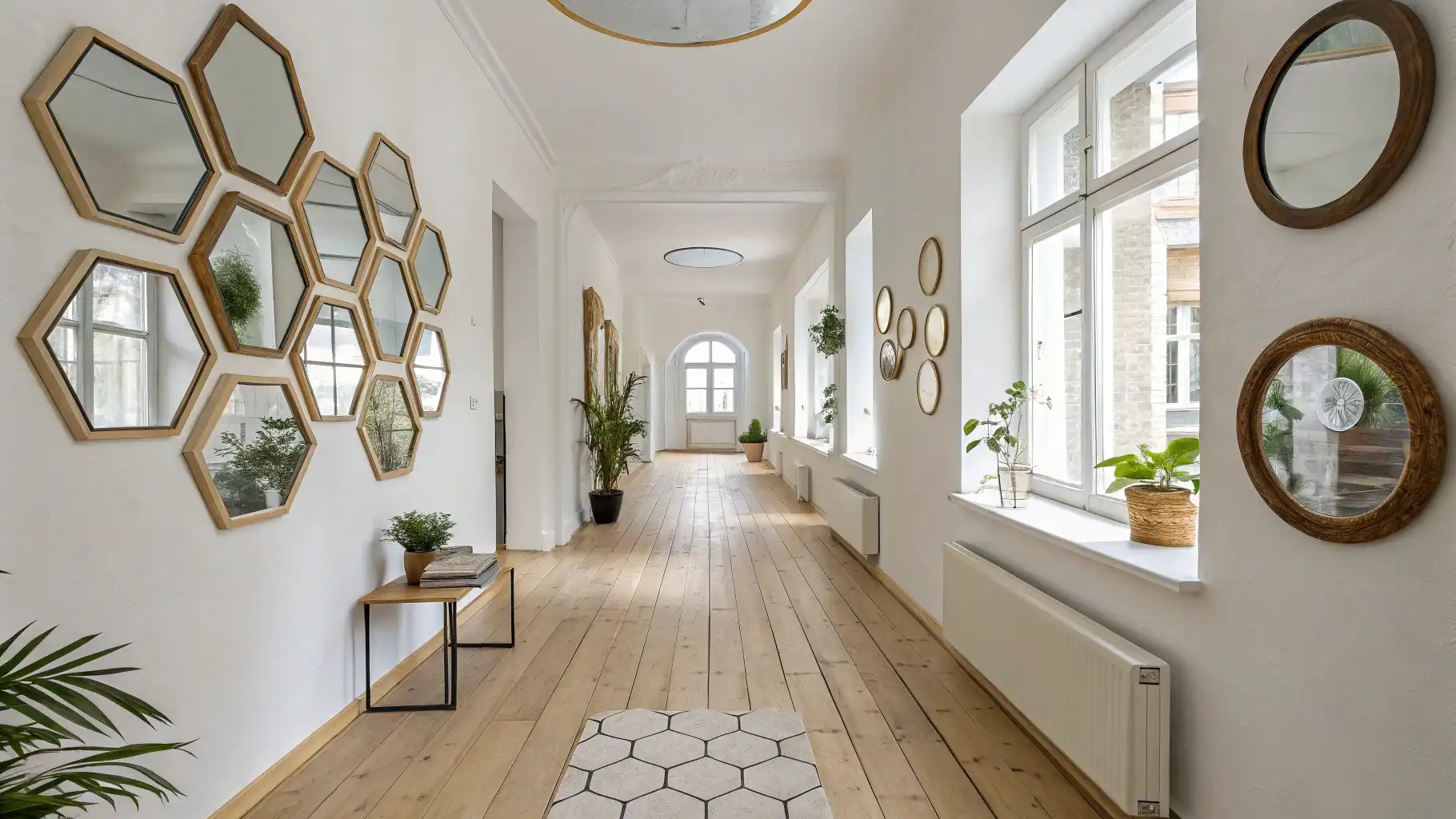 Hexagonal Mirror Gallery with Strategic Plant Placement