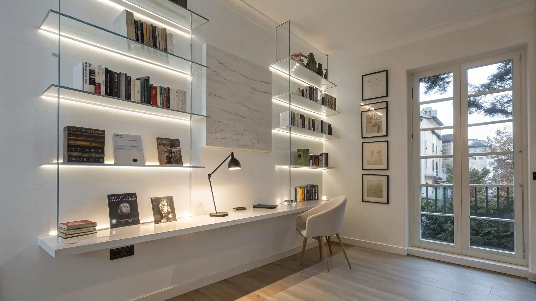 Illuminated Floating Glass Shelves with Integrated Desk