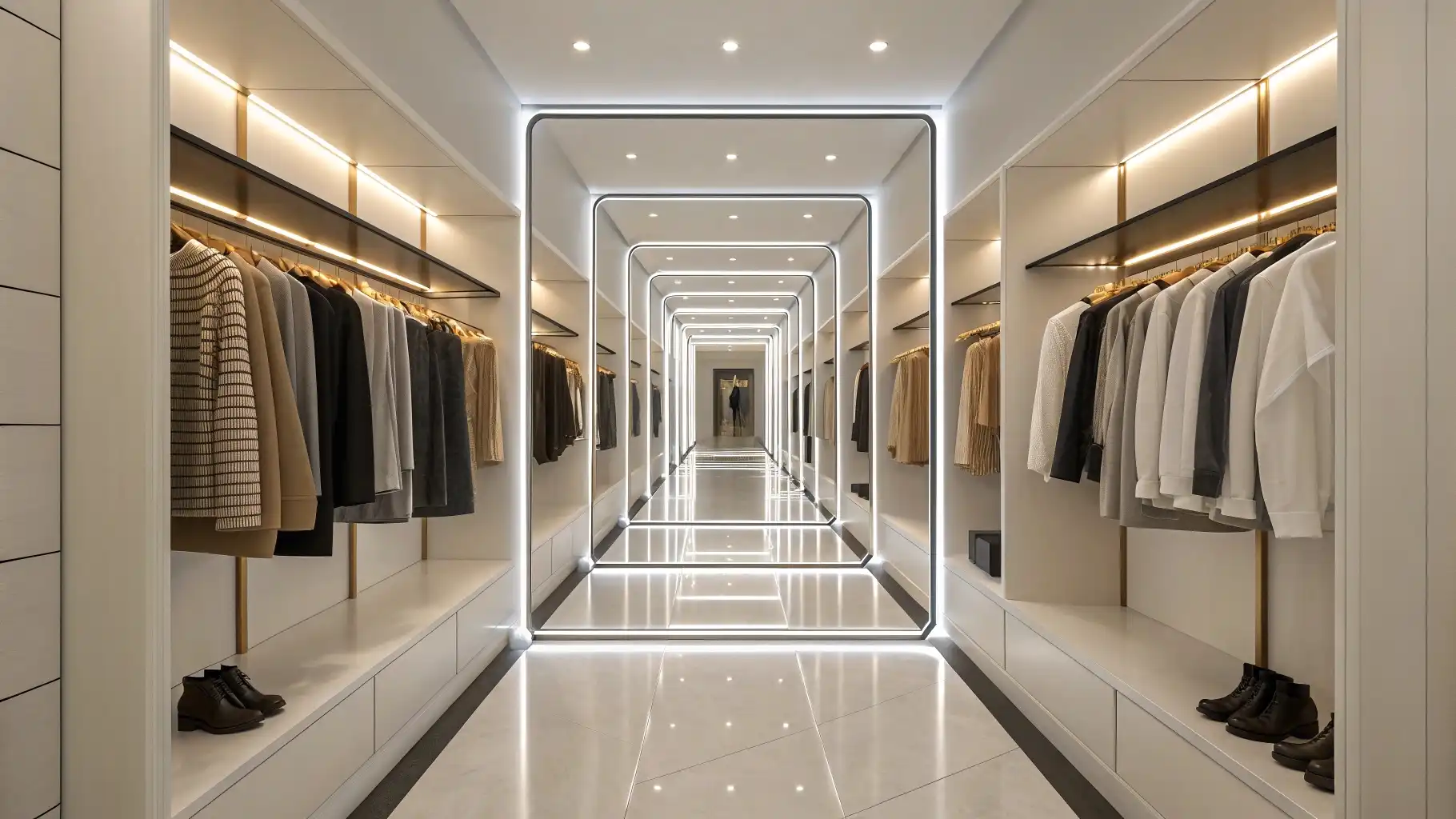 Linear Walk-Through Wardrobe with Illuminated Frames
