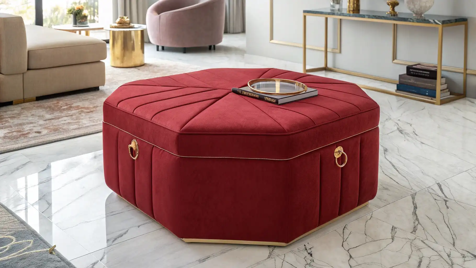 Luxurious Cherry Red Velvet Storage Ottoman
