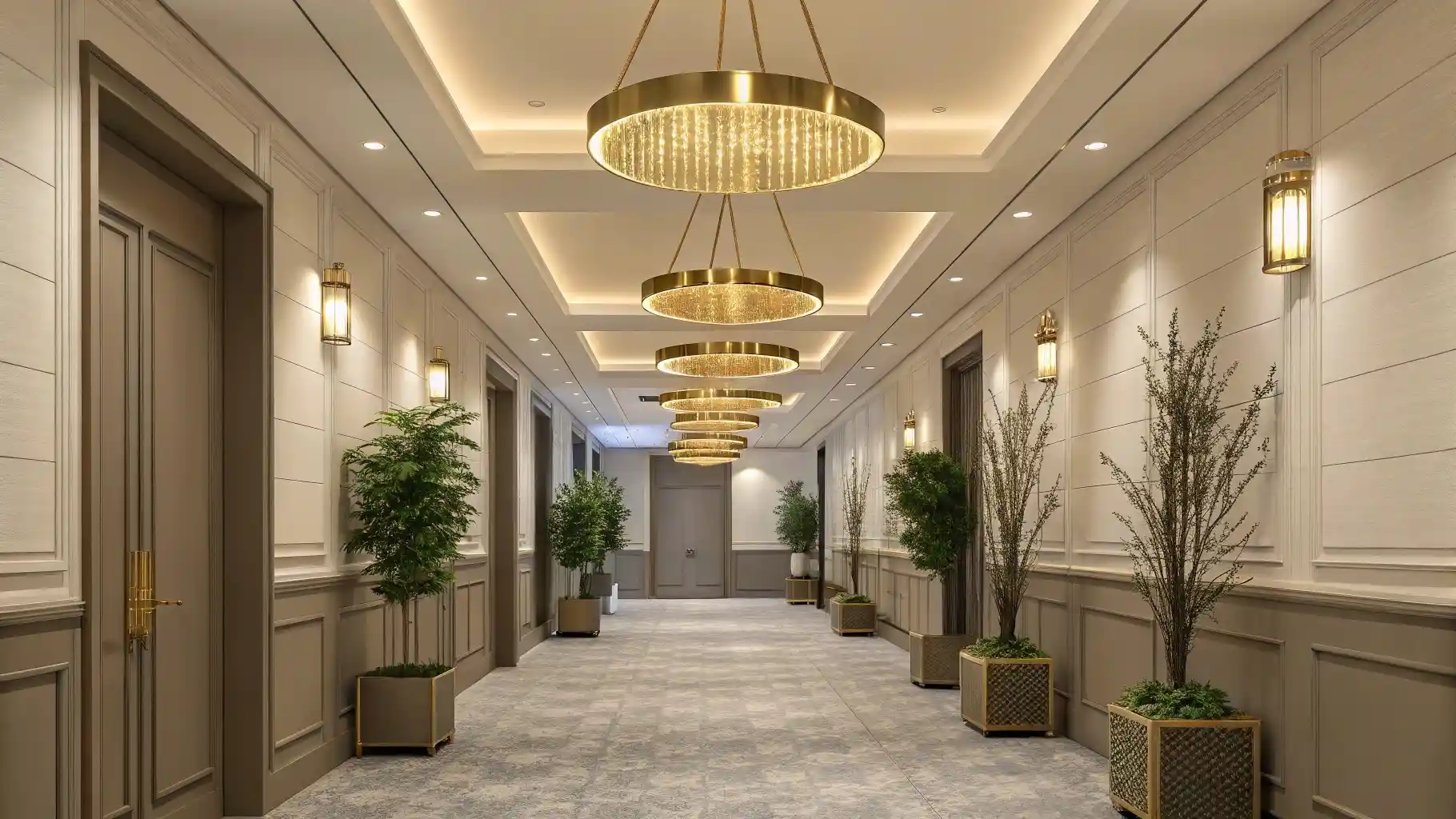 Luxurious Hotel Corridor with Repeated Chandelier Elements