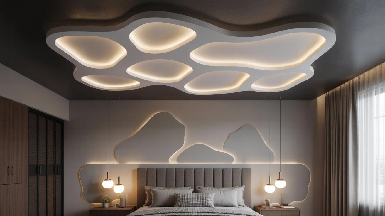 Modern Bedroom with Sculptural Ceiling Light