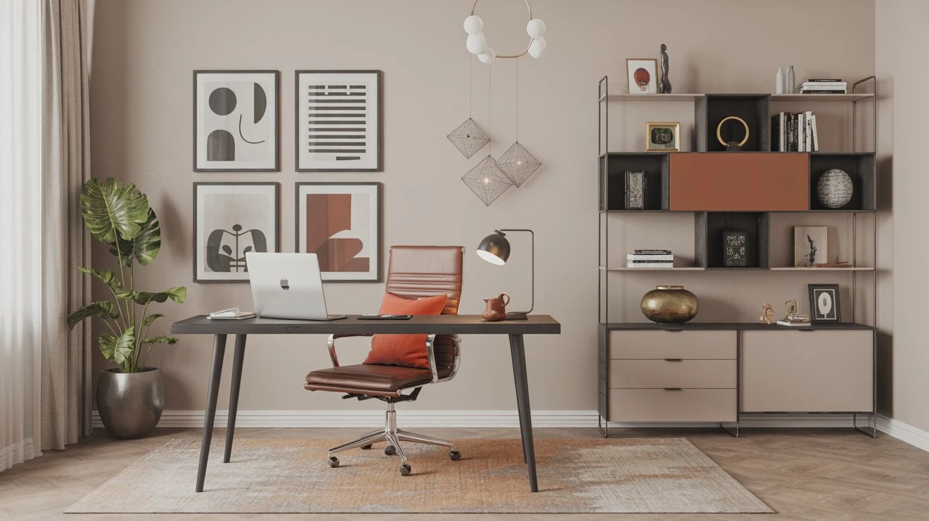 Modern Home Office with Sleek Storage and Warm Accents