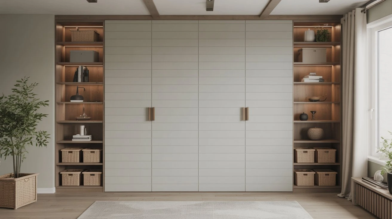 Modern Walk-In Closet with Sleek Storage and Warm Accents
